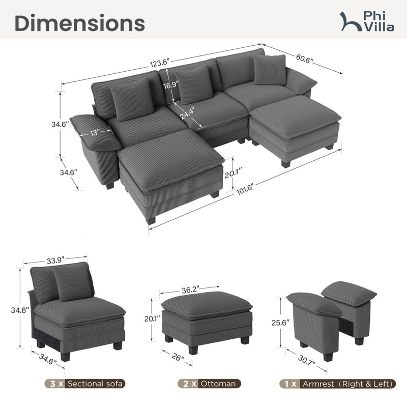 Phi Villa Large Living Room Sofa Couch Corduroy