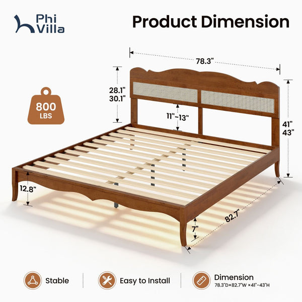 Phi Villa Classic Style Wooden Bed Frame with Rattan Headboard
