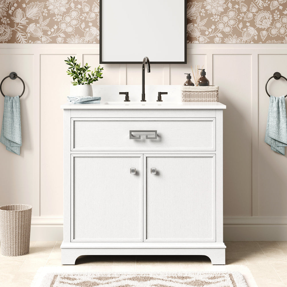 36 Inch White Bathroom Vanity with Sink and Marble Countertop