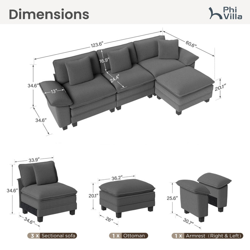 Phi Villa Large Living Room Sofa Couch Corduroy