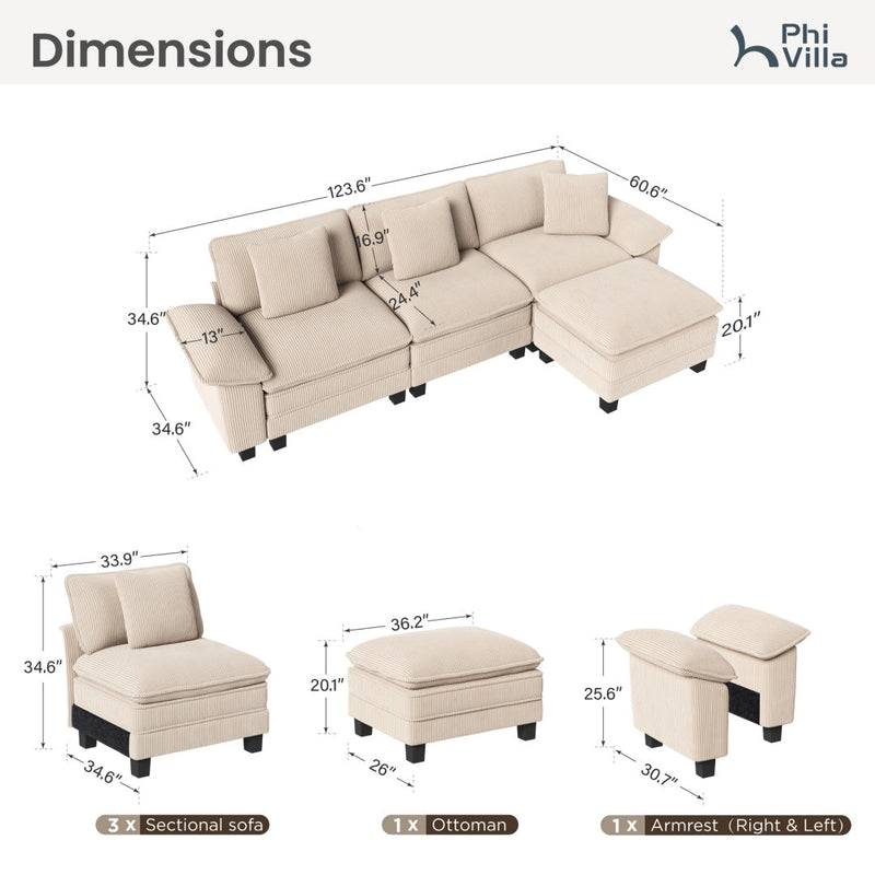 Phi Villa Large Living Room Sofa Couch Corduroy