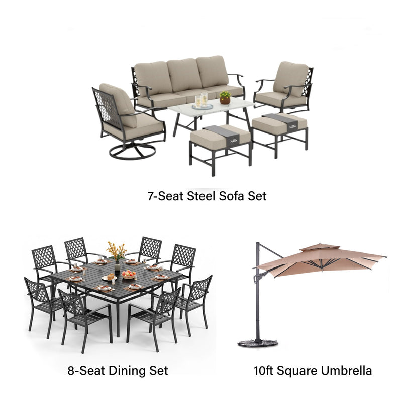 Phi Villa 15-Person Outdoor Patio Furniture Combination Set with Sofa Set, Dining Set, and Umbrella