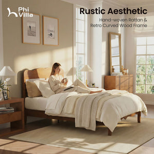 Phi Villa Classic Style Wooden Bed Frame with Rattan Headboard
