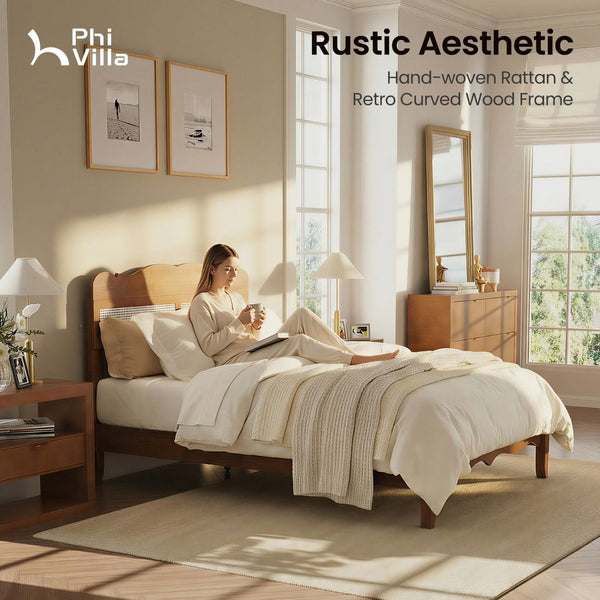 Phi Villa Classic Style Wooden Bed Frame with Rattan Headboard