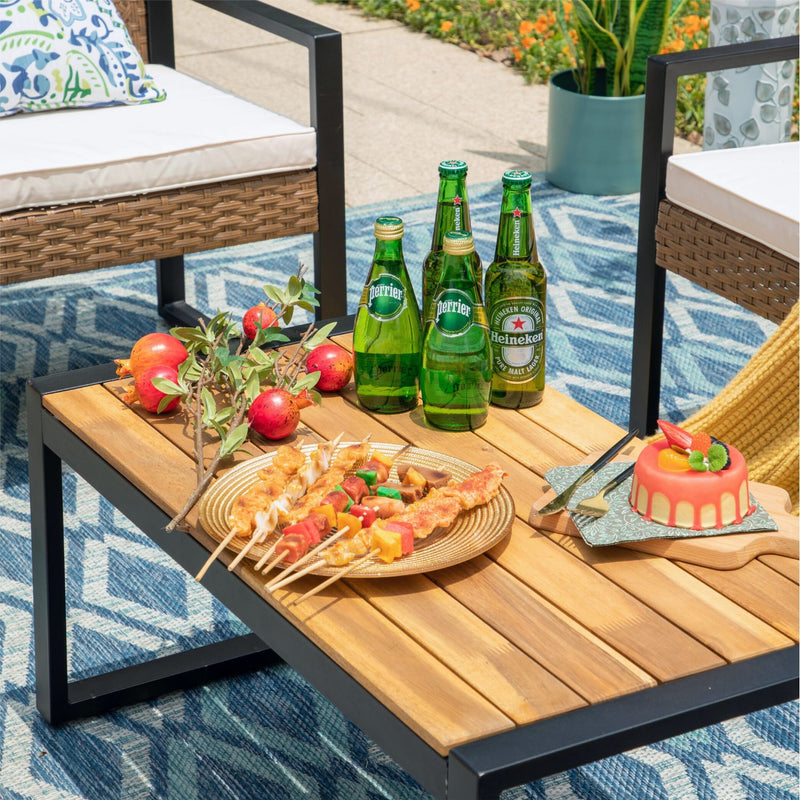 PHI VILLA 4-Piece Patio Conversation Set - Wicker Chairs and Acacia Wood Coffee Table - Modern and Stylish