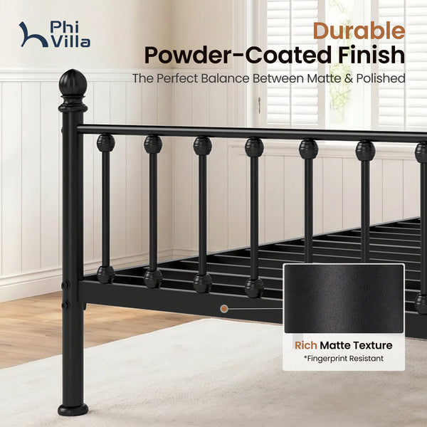 Arched Metal Bed Frame with Unique Bud Finials, High Headboard  & Under-Bed Storage