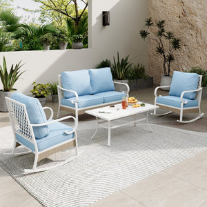 4-Seater Patio Metal All-White Sofa Set with Rattan Edge for Sale