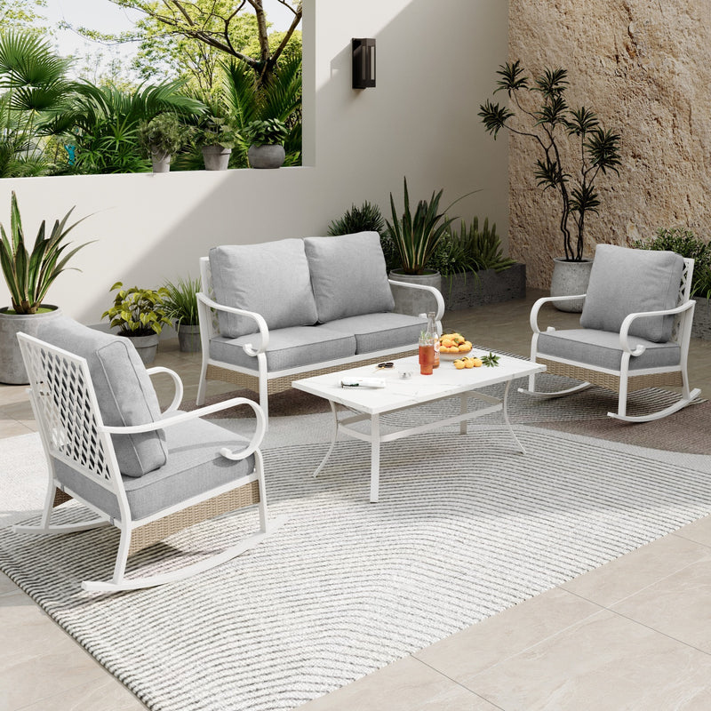 4-Seater Patio Metal All-White Sofa Set with Rattan Edge for Sale