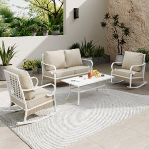 4-Seater Patio Metal All-White Sofa Set with Rattan Edge for Sale