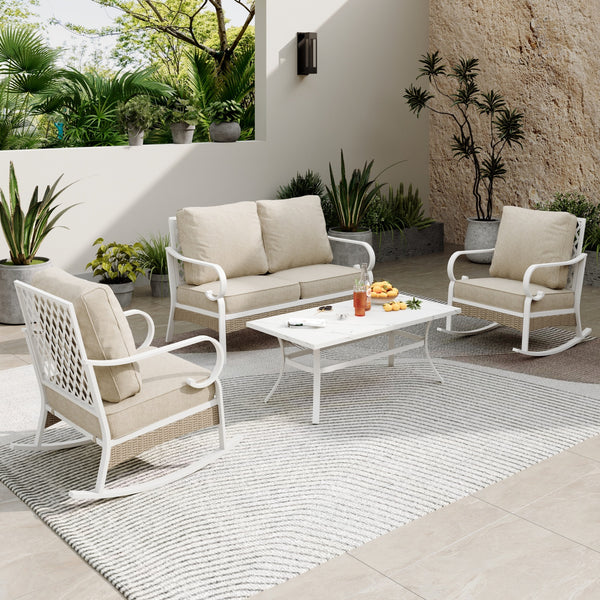 4-Seater Patio Metal All-White Sofa Set with Rattan Edge for Sale