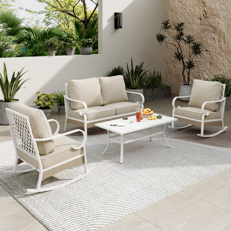 4-Seater Patio Metal All-White Sofa Set with Rattan Edge for Sale