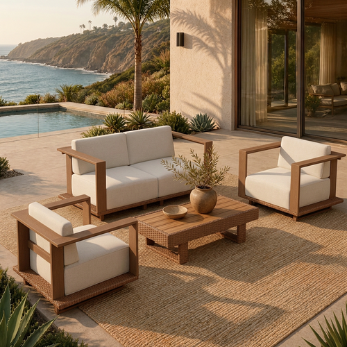Solana Woodgrain HDPE Patio Modular Sectional Rattan Sofa Set