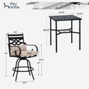 PHI VILLA Outdoor Bar Stools Set with Steel Swivel Cushioned Bar Stools and High Table with Geometric Patterns