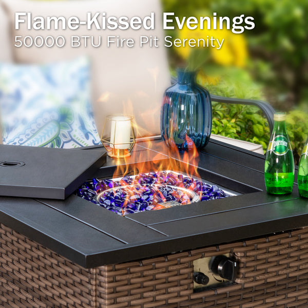 7-Seater Outdoor Metal and Rattan Cocoa Sofa Set with Fire Pit Table