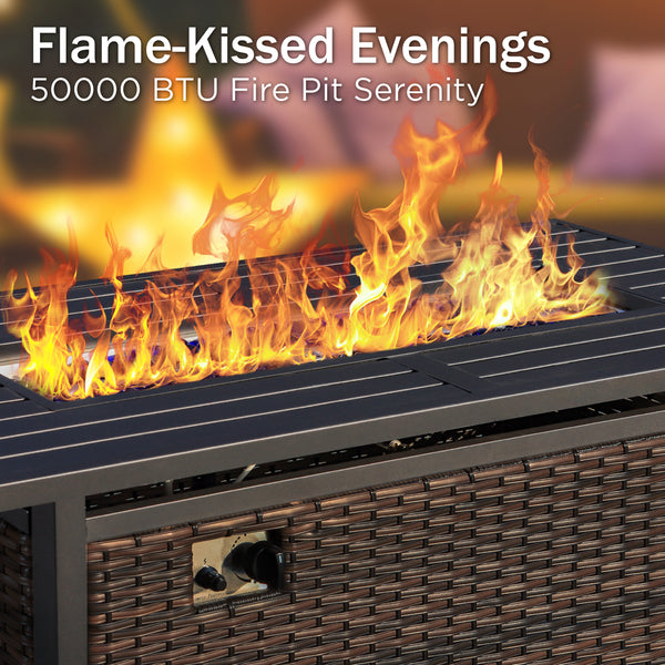 7-Seater Outdoor Metal and Rattan Cocoa Sofa Set with Square Fire Pit Table