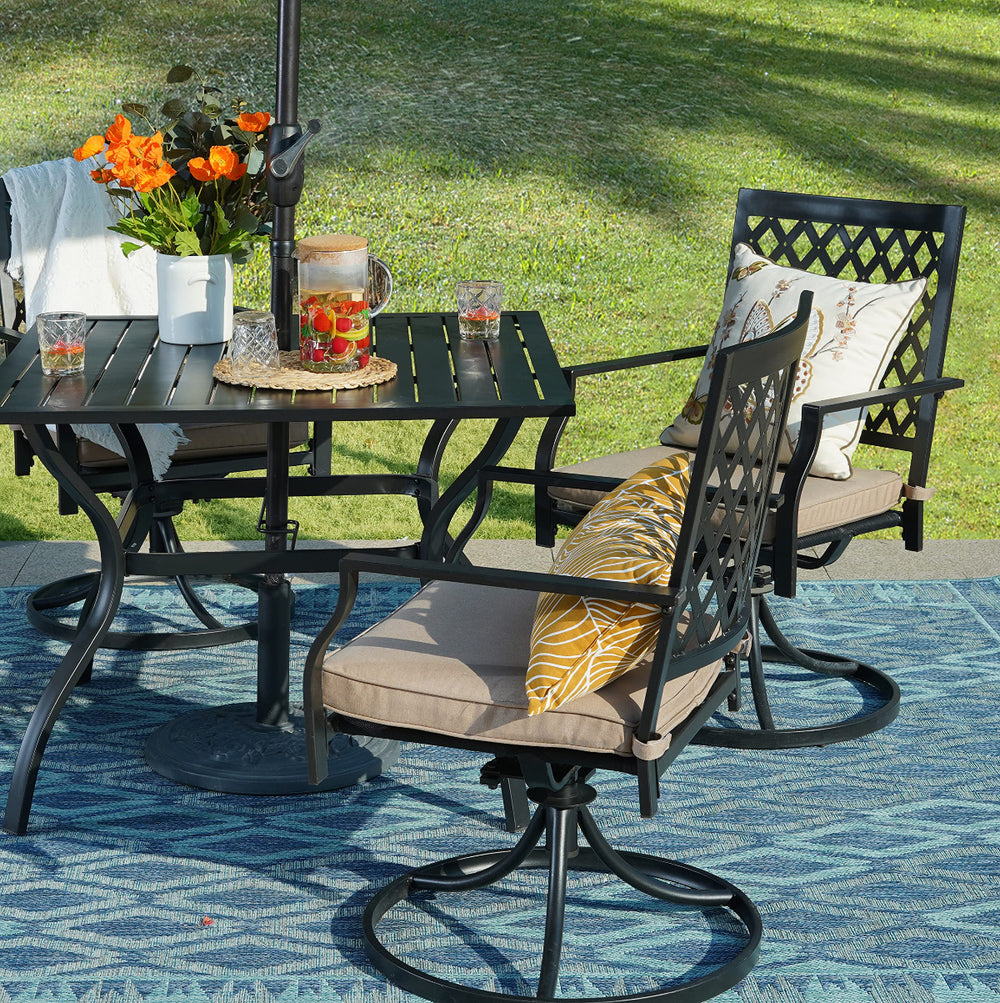 PHI VILLA 5-Piece Outdoor Dining Set 4 Cushioned Swivel Chairs and Larger Square Table