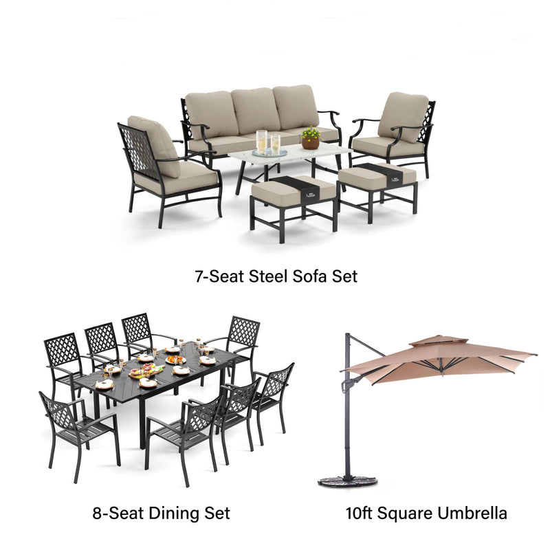 Phi Villa 15-Person Outdoor Patio Furniture Combination Set with Sofa Set, Steel Dining Set, and Square Umbrella