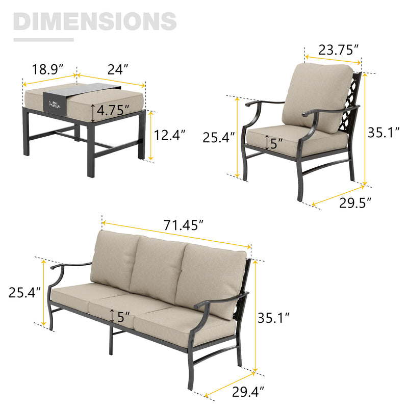 Phi Villa 7-Seat Outdoor Steel Conversation Sofa Set With Leather Grain Fire Pit Table