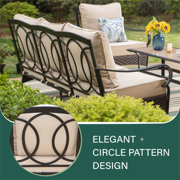 Phi Villa 9-Seat Outdoor Steel & Rattan Conversation Sofa Set With Leather Grain Fire Pit Table