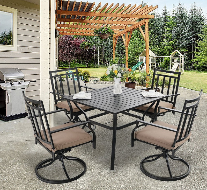 5-Piece Outdoor Dining Set 4 Cushioned Swivel Chairs and Larger Square Table PHI VILLA