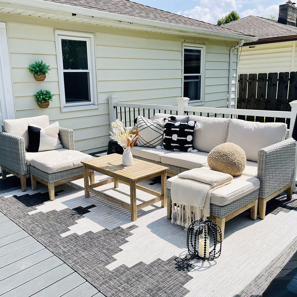 Phi Villa 5-Seater Patio Rattan & Acacia Wood Sofa Conversation Set