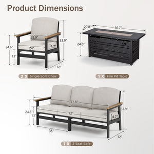 5-Seater HDPE Rattan and Wood-Grain Garden Sofa Set with Fire Pit Table