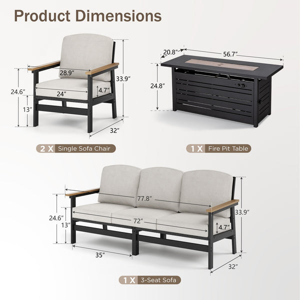 5-Seater HDPE Rattan and Wood-Grain Garden Sofa Set with Fire Pit Table
