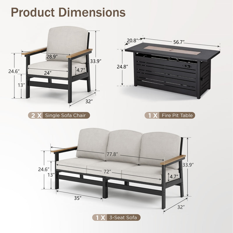 5-Seater HDPE Rattan and Wood-Grain Garden Sofa Set with Fire Pit Table