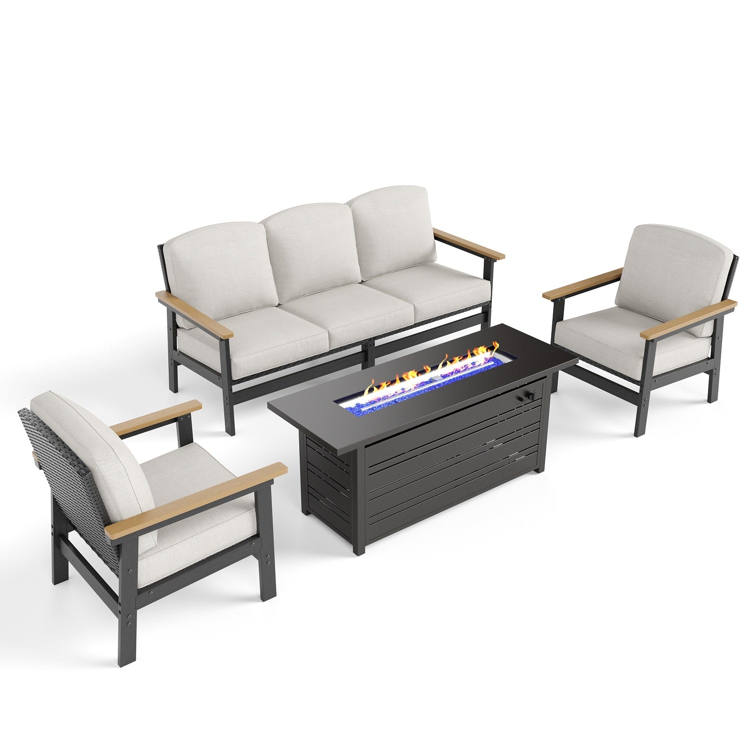 5-Seater HDPE Rattan and Wood-Grain Garden Sofa Set with Fire Pit Tabl