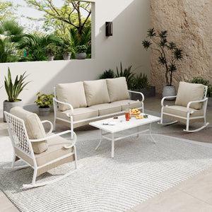 5-Seater Patio Metal All-White Sofa Set with Rattan Edge for Sale