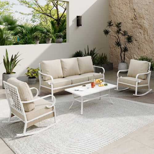 5-Seater Patio Metal All-White Sofa Set with Rattan Edge for Sale