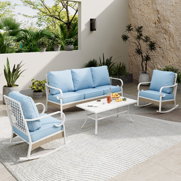 5-Seater Patio Metal All-White Sofa Set with Rattan Edge for Sale