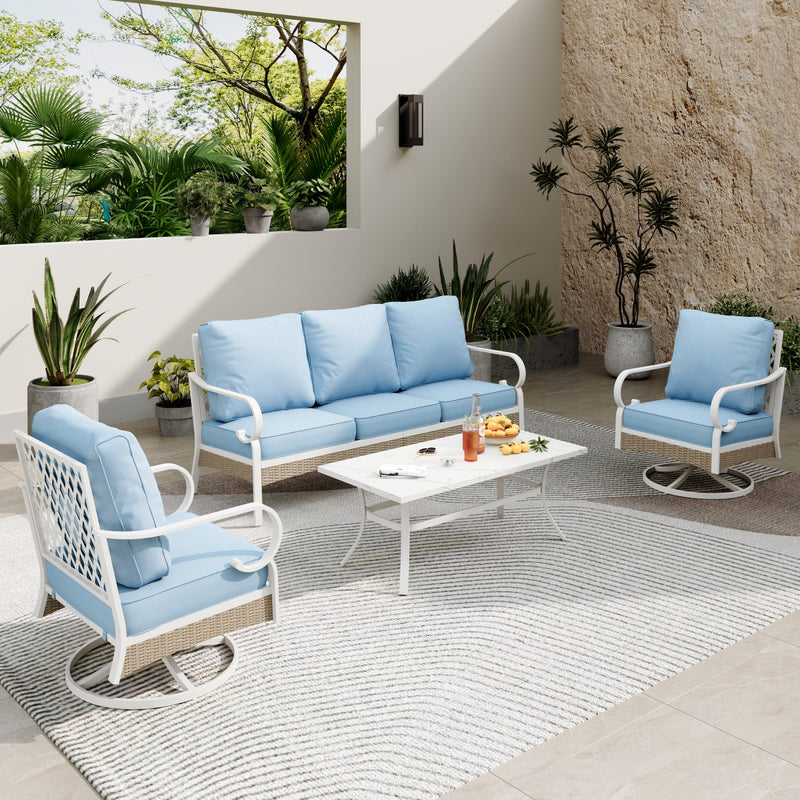 5-Seater Patio Metal All-White Sofa Set with Rattan Edge for Sale