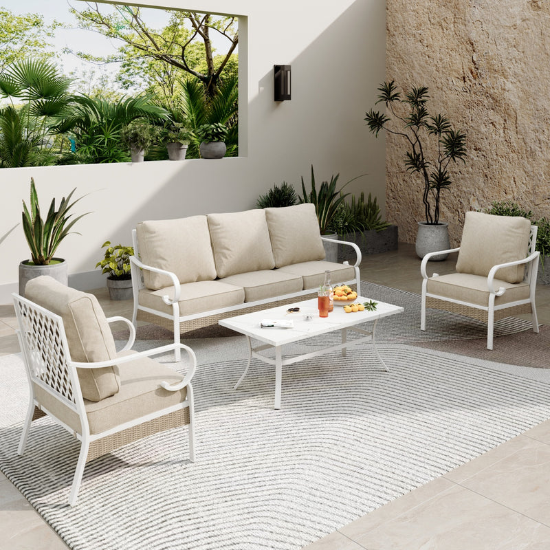 5-Seater Patio Metal All-White Sofa Set with Rattan Edge for Sale