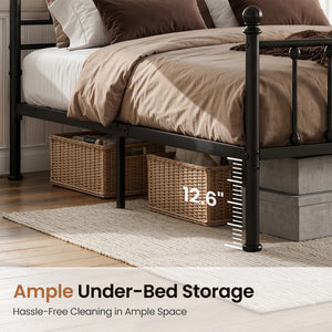 Arched Metal Bed Frame with Unique Bud Finials, High Headboard  & Under-Bed Storage