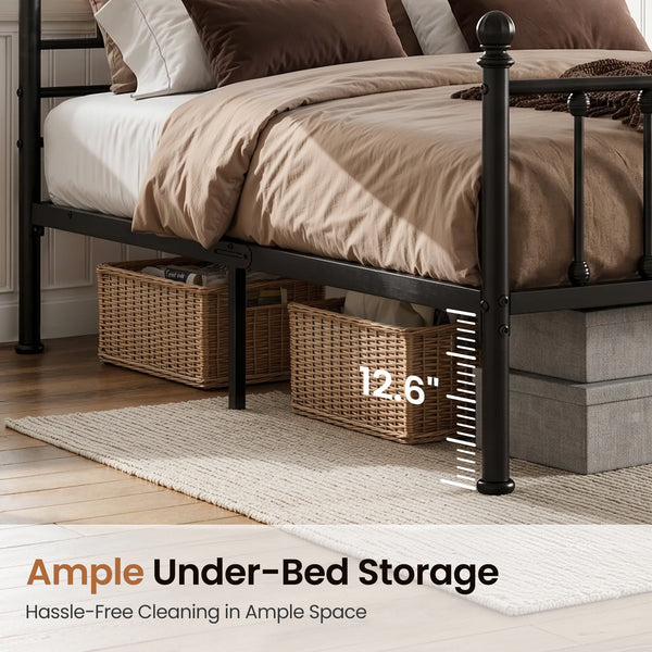 Arched Metal Bed Frame with Unique Bud Finials, High Headboard  & Under-Bed Storage