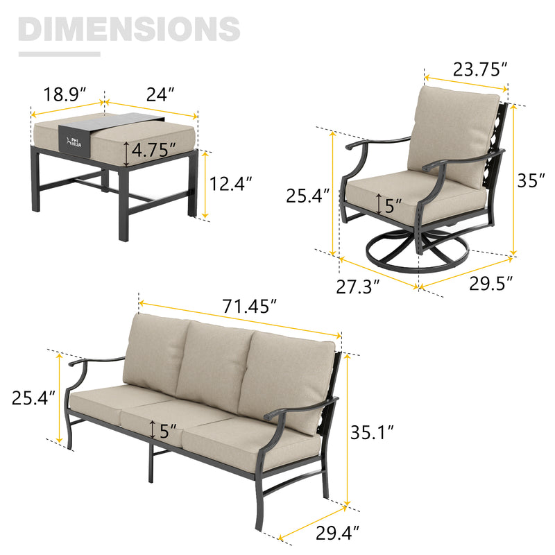 Phi Villa 7-Seat Outdoor Steel Conversation Sofa Set With Leather Grain Fire Pit Table