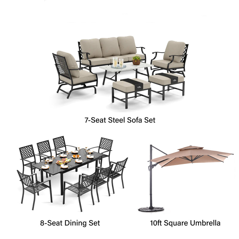 Phi Villa 15-Person Outdoor Patio Furniture Combination Set with Sofa Set, Steel Dining Set, and Square Umbrella
