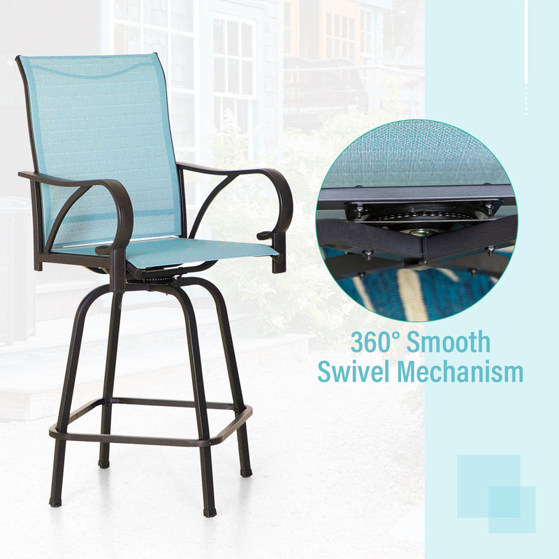 PHI VILLA Patio Jacquard Textilene Swivel Bar Stools with Curved Arms