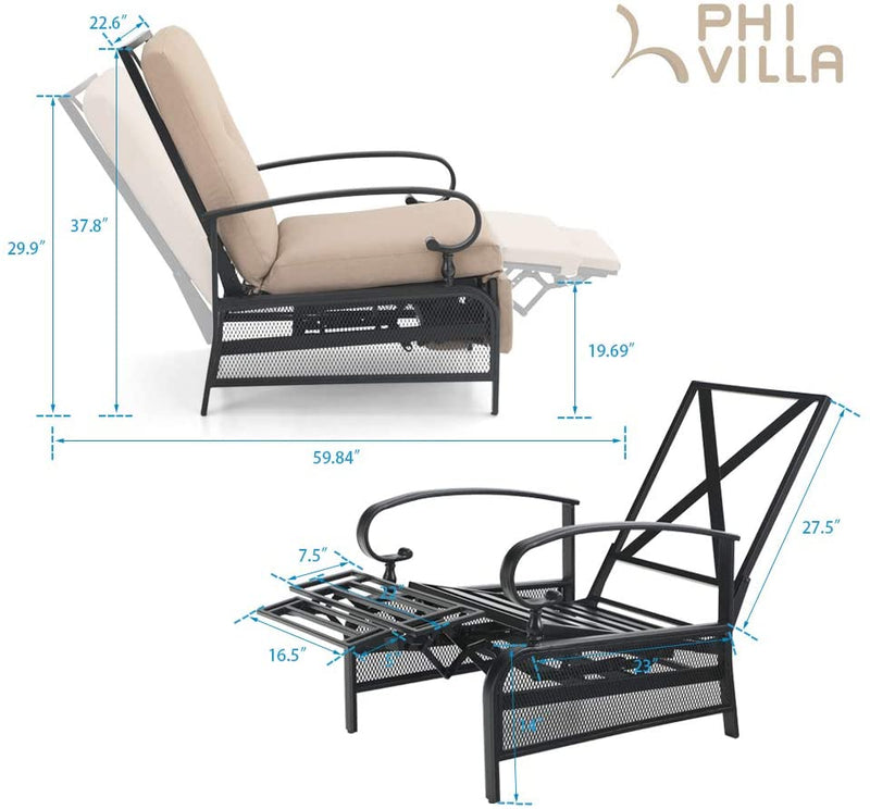 PHI VILLA Patio Lounge Chair Adjustable Metal Relaxing Recliner