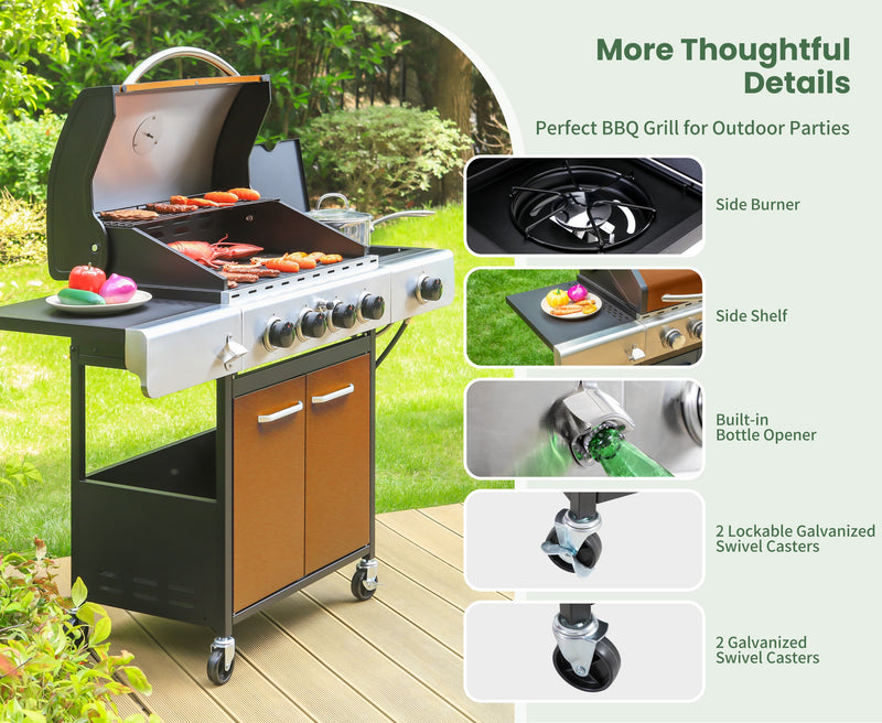 Patio Outdoor Propane Gas Grill BBQ with 4 x 8000 BTU Grilling Burners and 10,000 Side Burner-Captiva Designs