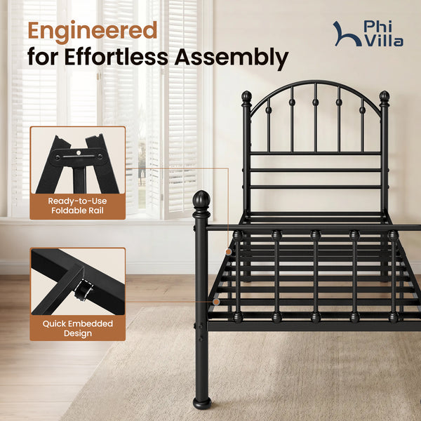Arched Metal Bed Frame with Unique Bud Finials, High Headboard  & Under-Bed Storage