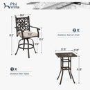 Phi Villa 3-Piece Cast Aluminum Square Table & 2 Patio High Swivel Bistro Bar Stools Chairs Set