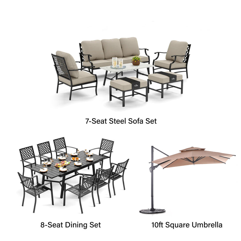 Phi Villa 15-Person Outdoor Patio Furniture Combination Set with Sofa Set, Steel Dining Set, and Umbrella