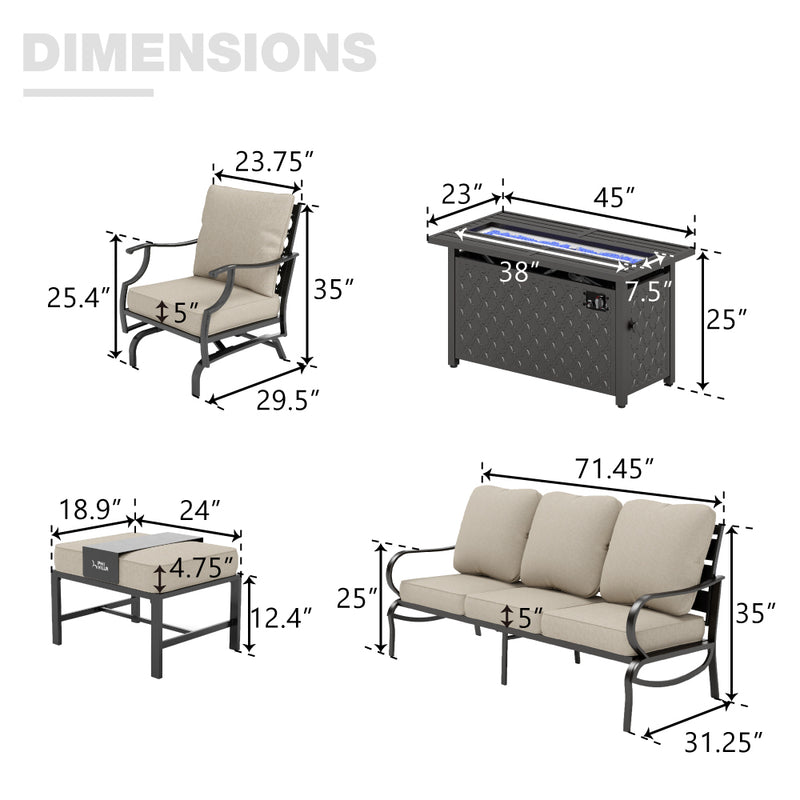 Phi Villa 9-Seat Outdoor Steel Conversation Sofa Set With Leather Grain Fire Pit Table