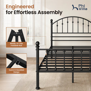 Arched Metal Bed Frame with Unique Bud Finials, High Headboard  & Under-Bed Storage