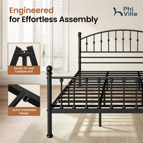 Arched Metal Bed Frame with Unique Bud Finials, High Headboard  & Under-Bed Storage
