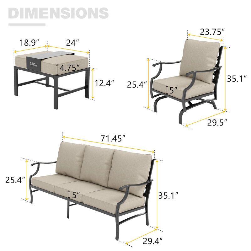 Phi Villa 7-Seat Outdoor Steel Conversation Sofa Set With Leather Grain Fire Pit Table