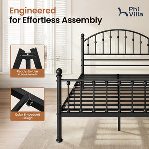 Arched Metal Bed Frame with Unique Bud Finials, High Headboard  & Under-Bed Storage