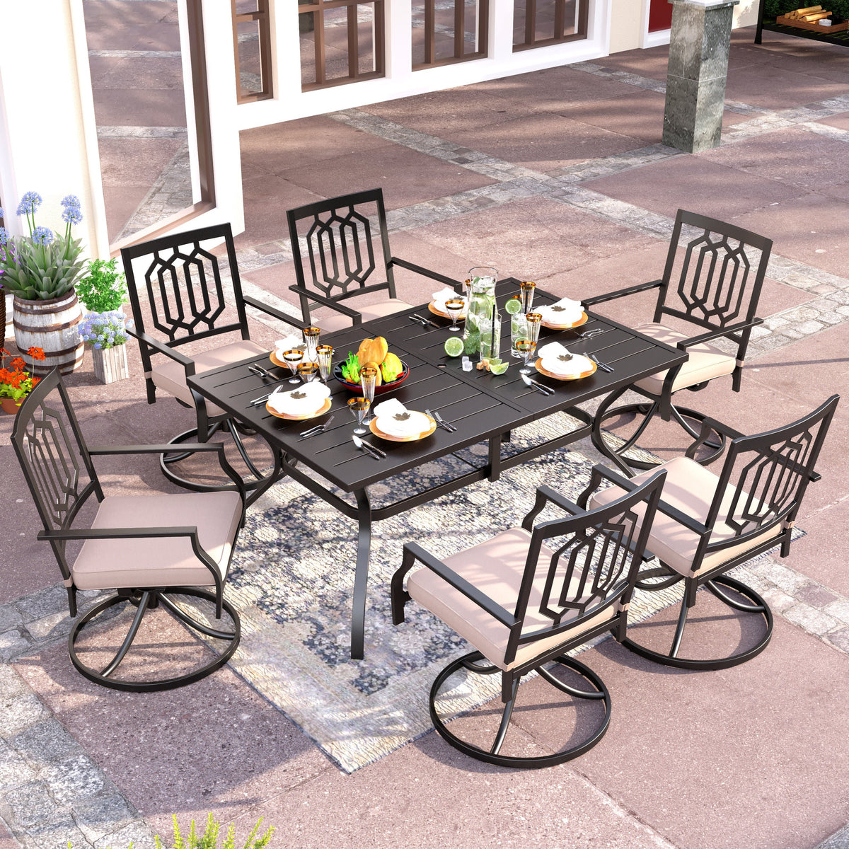 7-Piece Outdoor Patio Dining Set Swivel Chairs and Rectangle Steel T